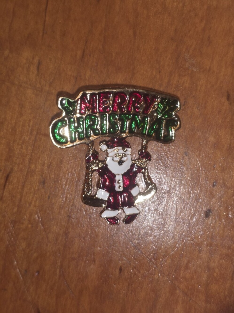 Merry Christmas Brooch Metal Santa Swinging On Swing